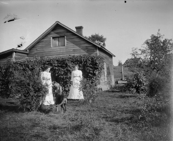 Two women and two dogs posing in front of a vine-covered house.