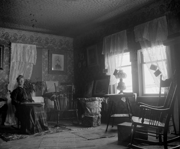 Woman posed sitting in a parlor, possibly Mrs. Charles J. Van Schaick.