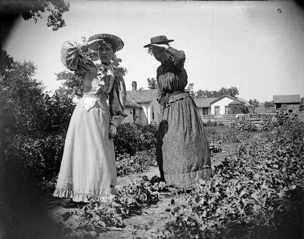 Two women posing standing in a garden, shading their eyes. On the left is probably Sarah Spaulding Castle. On the right is probably Maud Cooper, the sister of an engineer who built the Dnieperstroy Dam in the Soviet Union; their father was George Washington Cooper.