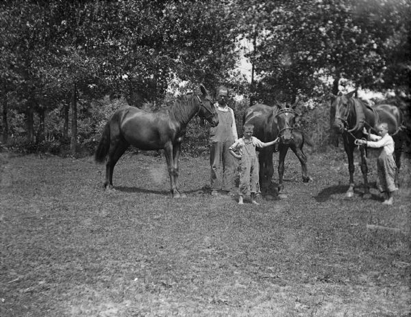 A man and two boys display three horses. A colt stands in the background behind the horse in the center.