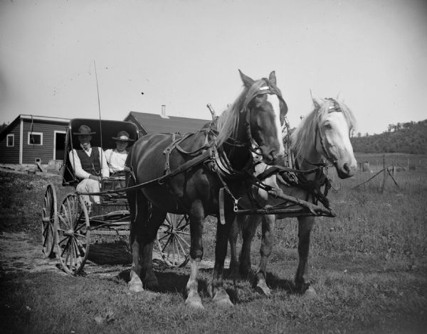 A team of two horses pull two men seated in a canvas-back buggy. Buildings are in the background.