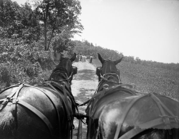 A view from a carriage pulled by a two-horse team. The carriage is moving down the road, towards a group of women.