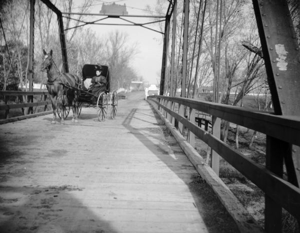 A woman driving a carriage pulled by a horse crosses a bridge.