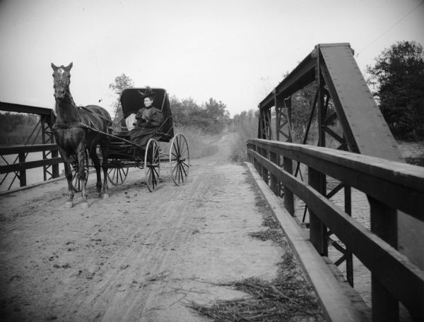 A woman poses in a carriage that is pulled by a one horse team while crossing a bridge.