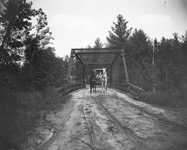 A woman poses sitting in a buggy pulled by a team of two horses on a bridge, possibly the old Irving Bridge.	