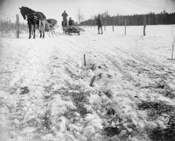 A man stands on a sled pulled by a team of two horses that is carrying logs on a snow-covered road. Moving away from the log-carrying sled is an empty egg-shell cutter sleigh that is hitched to a single horse.