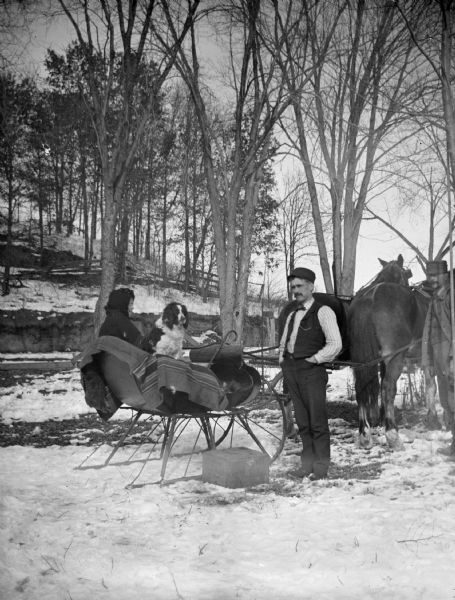 A woman and dog sit in an egg-shell cutter that is hitched to a horse while two men stand to the side.