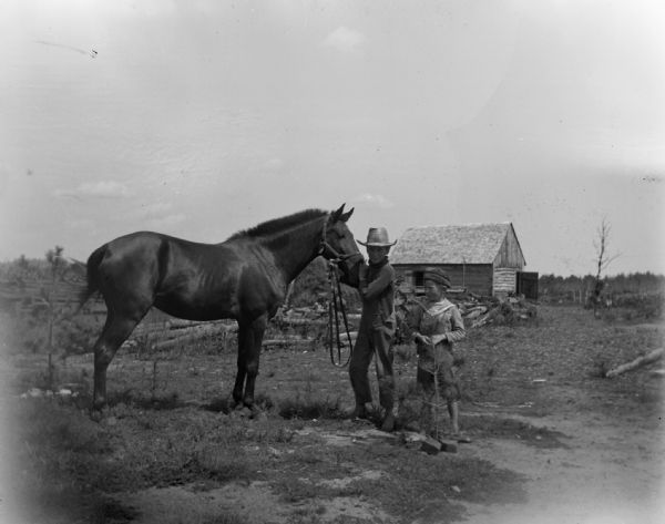Two boys pose with a horse in a farm yard.