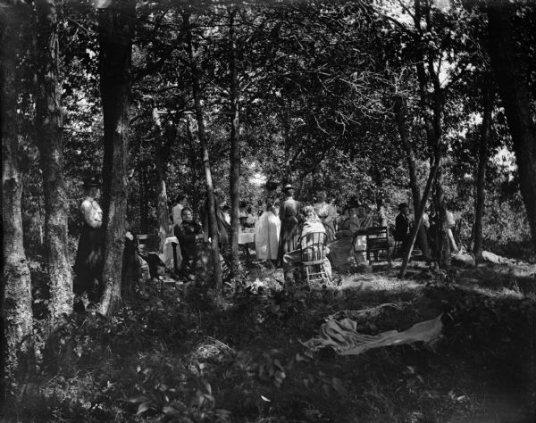 A large group of people gather for a picnic in the woods.