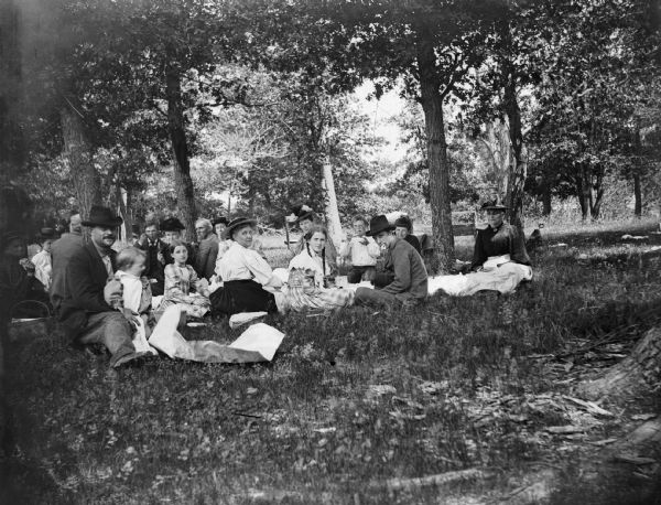 A large group of men, women, and children gather in a clearing for a picnic.