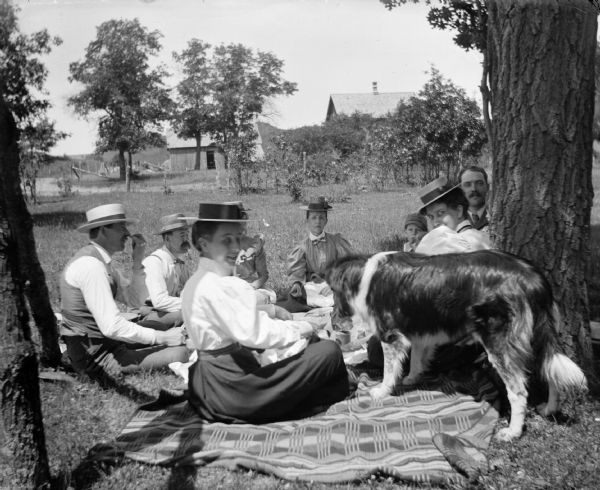 A group of men, women and children gather for a picnic, while a dog investigates the picnic food.
