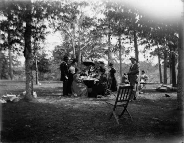 A large group of well-dressed picnickers gather around a table that is surrounding by trees.