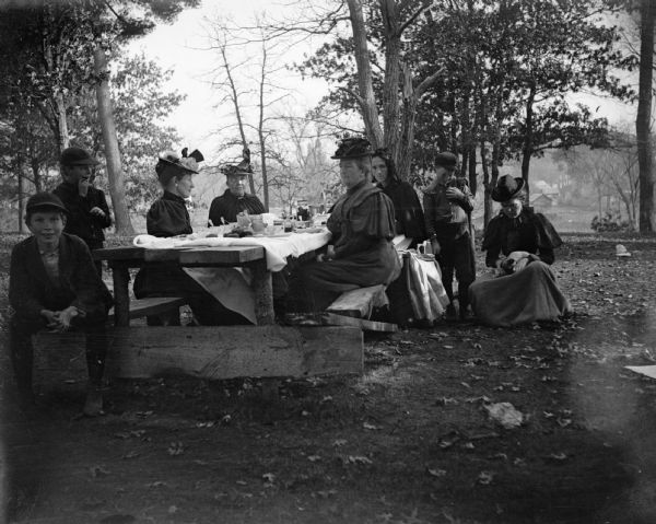Five women and three boys gather around a table set for a picnic. The woman furthest to the left is Mrs. Charles J. Van Schaick, and the boys on the left may be Roy and Harold Van Schaick.