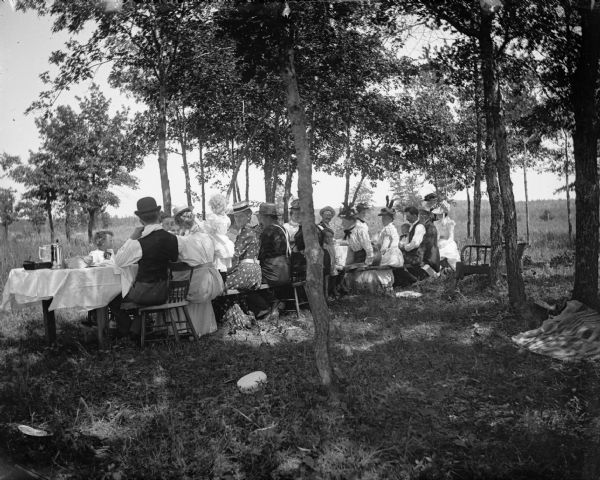 A group of men, women, and children sitting at a long table in a grove of trees enjoying a picnic.