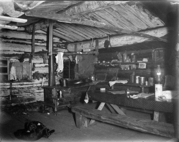 Interior view of a log cabin. Inside there is a wood stove, bench, table, kerosene lamp, and various household items and a dog.