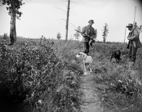 Two hunters walk through a field with their dogs, probably hunting prairie chicken.