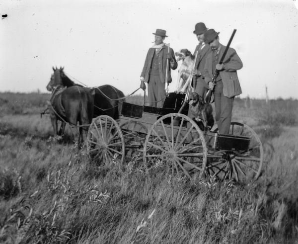 Three hunters stand with their guns and dogs in a wagon pulled by a team of two horses.