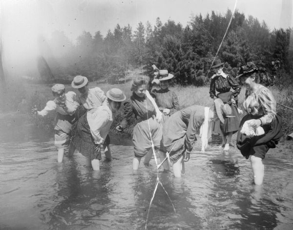 A group of eight women wading in a river, gathering their skirts at their knees.