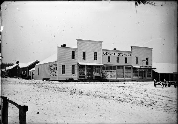 The General Store Co. building and snow-covered streets of Black River Falls.