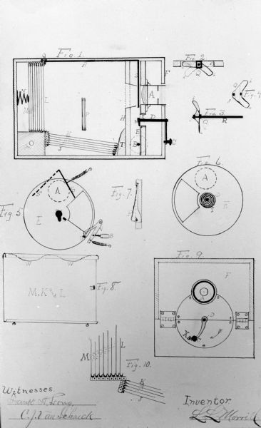 Plans of a camera box with a magazine for glass plates invented by L. L. Morrill, and witnessed by Frank H. Long, a dentist, and C.J. Van Schaick.