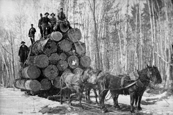 Lumberjacks stand on top of a load of logs pulled by a team of four horses in the snow.