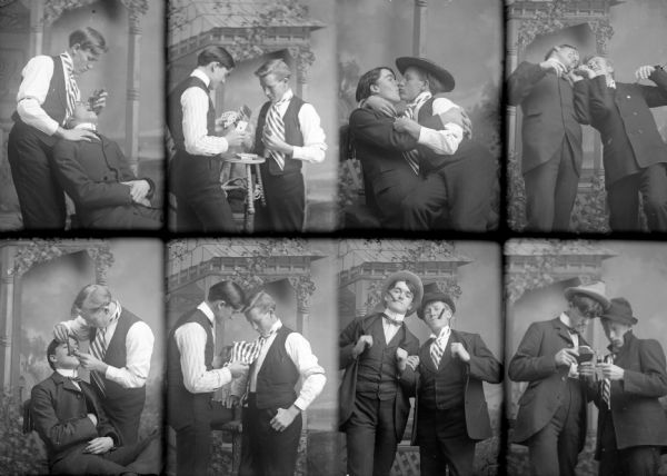 Eight exposures of two men, perhaps medical students, in a photography studio and posing in front of a painted backdrop. From left to right, starting in the upper left corner: pulling a tooth, playing cards, kissing, laughing, trying to examine the unwilling patient, examining a necktie, smoking cigars, and pouring a drink.