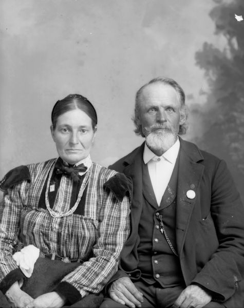 A seated man and woman pose for a studio portrait in front of a painted backdrop. She is wearing a dress with a necklace. The man is wearing a suit jacket with a pin on the lapel, vest with watch fob, necktie, and trousers.