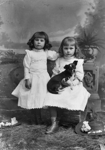 Two young girls wearing dresses pose for a studio portrait in front of a painted backdrop. One girl stands and the other sits on a hollowed-out log. The seated girl holds a small dog on her lap. There are two hats laying on the ground near their feet.