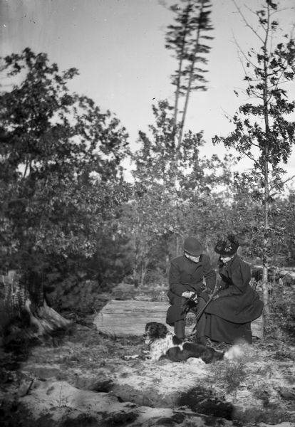 A man and woman are seated on a log in the woods, both holding rifles. There is a dog lying at their feet.