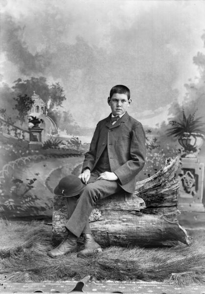 Studio portrait of a boy sitting on a stump log and grass on a rug in front of a painted backdrop. He is holding a hat and wearing a suit jacket, trousers, vest, and necktie.