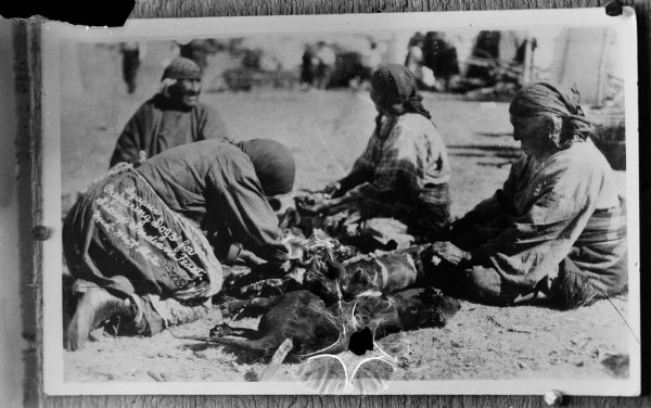 Copy photograph of four elderly Sioux women preparing dogs for a meal. The inscription on the woman sitting on the left reads: "Squaws preparing dogs for Sioux Indian Feast. Mid-West Photo."