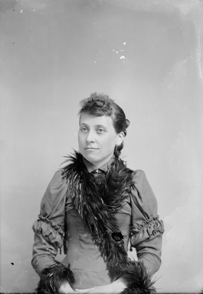 Waist-up studio portrait of a European American woman posed sitting with her hands in her lap. She is wearing a dark-colored wrap with darker-colored feathered trim, and a collar pin and earrings. Woman identified as Nellie Darrow, circa 1894.