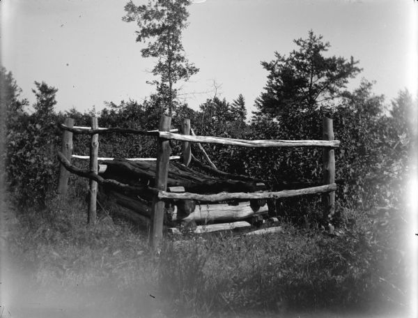 View of a Ho-Chunk log grave house in a wooded area.