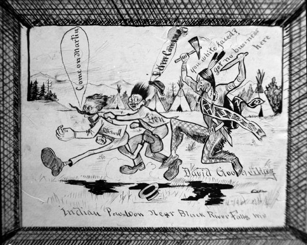 Ho-Chunk Indian chasing white spectators from pow wow. Copy negative by Charles Van Schaick, cartoon by David Goodvillage.