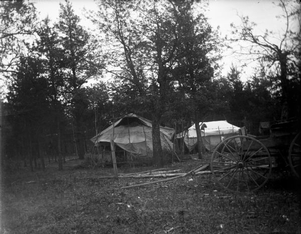 Ho-Chunk summer lodges behind a fence surrounded by trees. In the foreground is a wagon.