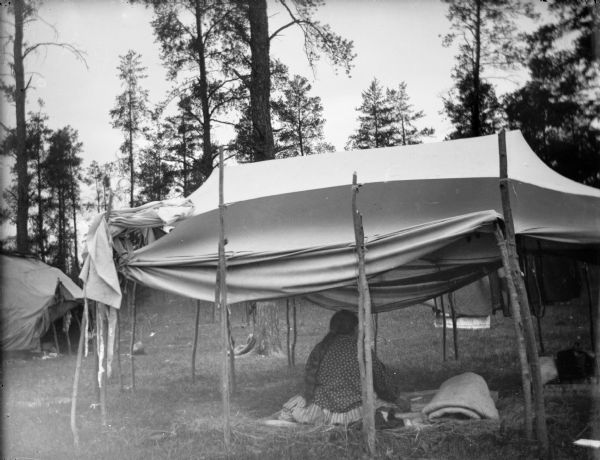 A Ho-Chunk summer lodge with the sides raised. A Ho-Chunk woman is sitting inside. Another lodge and trees are in the background.