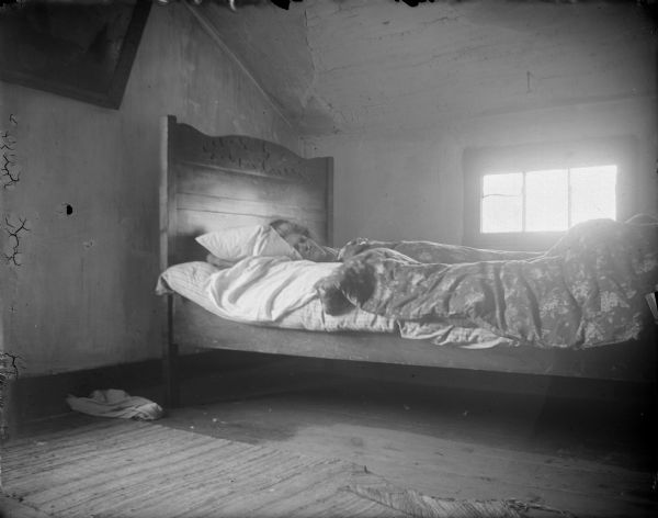 Interior view of a European American woman lying on a bed near a window with her hands on her chest. Probably a corpse on her deathbed. A framed painting is hanging near the bed on the left.
