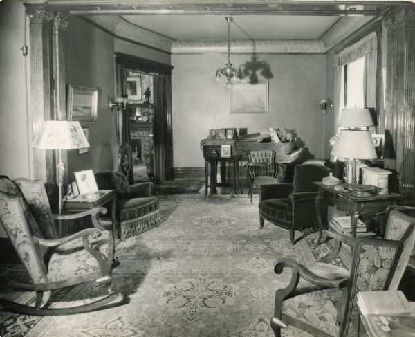 The living room of Fred and Annie Storer Brown's home, 121 East Gilman Street.  The house was built in 1888.