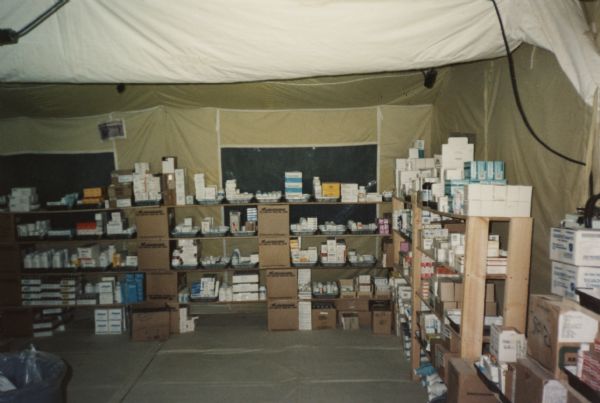 Interior of a pharmacy supply storage tent for a hospital during the Persian Gulf War.