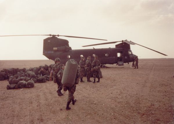 An Army Bell-Vertol HH-46 Chinook helicopter in the desert.