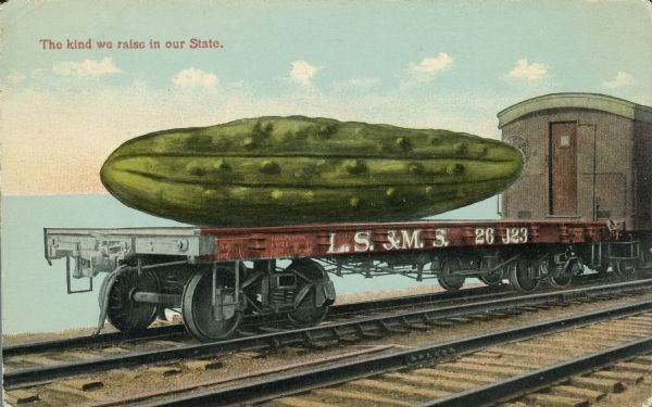 Photomontage of a giant cucumber on a flatbed railway car. The railroad is right on the side of a lake. Red text in the upper left corner reads, "The kind we raise in our State." L.S.&M.S. on the side of the car stands for Lake Shore and Michigan Southern Railroad.