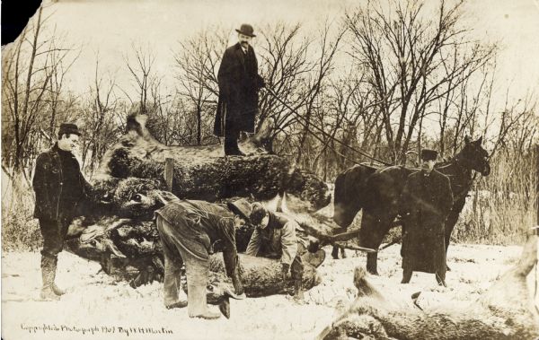 Photomontage of a group of three men in hunting clothes, with two other men who are preparing to haul away the giant rabbits they have hunted, using a horse-drawn sleigh. One of the men stands on top of the pile, holding the reigns. The scene takes place in a snowy winter landscape.