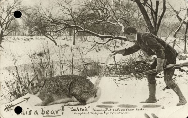 Photomontage of a hunter pouring salt on the tail of a giant rabbit. The hunter is holding a rifle and wearing leather boots and gloves.  The surrounding winter landscape is comprised of a snowy forest with a frozen river in the middle. The words: "'Salted' So easy. Put salt on their tails," appear at the bottom. An arrow has been drawn pointing to the rabbit and the words: "This a bear?" are inscribed in large text to the left of the smaller text.