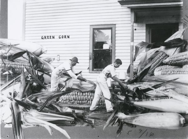 Photomontage of a man and a boy pulling the husks off of giant ears of corn.  The corn fills the foreground, creeping into the house in the background.  The words, "Green Corn," are inscribed in the image field on the side of the house in the background.
