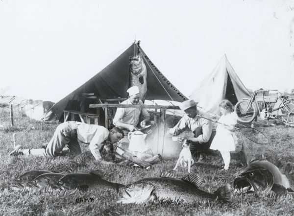 Photomontage of a group of people cooking over an open fire at a campsite. One man is blowing the fire underneath a kettle, while two other men look on. A young girl in a white dress watches and holds a large net. A small dog is perched in front of the fire. Tents and a bicycle are visible in the background. Giant fish line the foreground.  One giant fish hangs from the tent. The word, "Camp," is inscribed in the lower left corner of the image field.