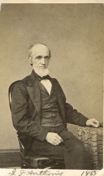 Carte-de-visite portrait of John Gould Anthony (1804-1877), head of the Conchology department at the Museum of Comparative Zoology from 1863 until his death.  Colleague of Louis Agassiz, who he joined on the Thayer expedition to Brazil in 1865.  Anthony is shown sitting in three-quarter profile.  Handwritten inscription at bottom reads, "J.G. Anthony 1863."