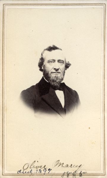 Carte-de-visite portrait of Oliver Marcy (1820-1899), American educator and natural scientist. In 1862, he became professor and chair of the natural history department at Northwestern University. From 1876 to 1881, and again in 1890, he served as President of the University. In 1866, he served as a geologist on a government survey expedition from Lewiston, Idaho, to Virginia City, Montana. In 1871, he founded the Northwestern Museum of Natural History, where he served as curator until his death.
