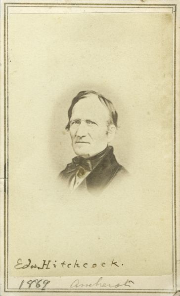 Carte-de-visite portrait of Edward Hitchcock (1793-1864), American educator and geologist. Hitchcock served as the third president of Amherst College from 1845 to 1854. He ran the first geological survey of Massachusetts and was appointed the Massachusetts State Geologist in 1830. His primary concern, however, was "natural theology," which attempted to reconcile science and religion through geology. Handwritten inscription at bottom reads, "Edw. Hitchcock. 1869 Amherst."