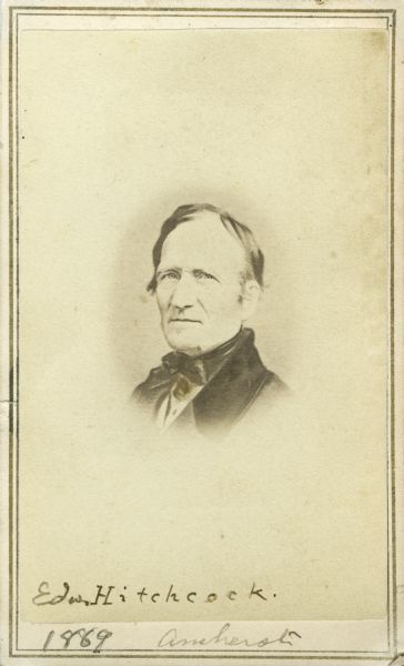 Carte-de-visite portrait of Edward Hitchcock (1793-1864), American educator and geologist. Hitchcock served as the third president of Amherst College from 1845 to 1854. He ran the first geological survey of Massachusetts and was appointed the Massachusetts State Geologist in 1830. His primary concern, however, was "natural theology," which attempted to reconcile science and religion through geology.  Handwritten inscription at bottom reads, "Edw. Hitchcock. 1869 Amherst."