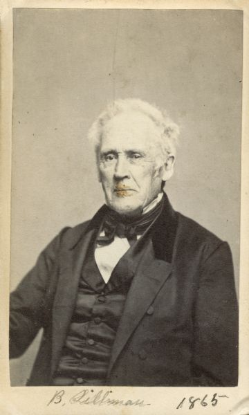 Carte-de-visite portrait of Benjamin Silliman (1779-1864), notable American professor of science. He served for many years as a professor of Chemistry and Natural History at Yale University. Accomplishments to his credit include publishing the first scientific account of the chemical composition of a meteorite, discovering the component elements in many mineral compounds, and founding and editing the American Journal of Science. He is shown here sitting in three-quarter profile. Handwritten inscription at bottom reads, "B. Silliman 1865."